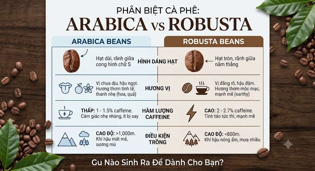 phân biệt cà phê hạt arabica và robusta